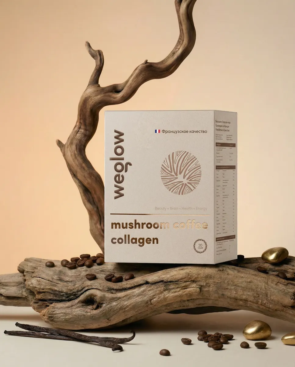 Weglow Mushroom Coffee Collagen на деревянной подставке с кофейными зёрнами